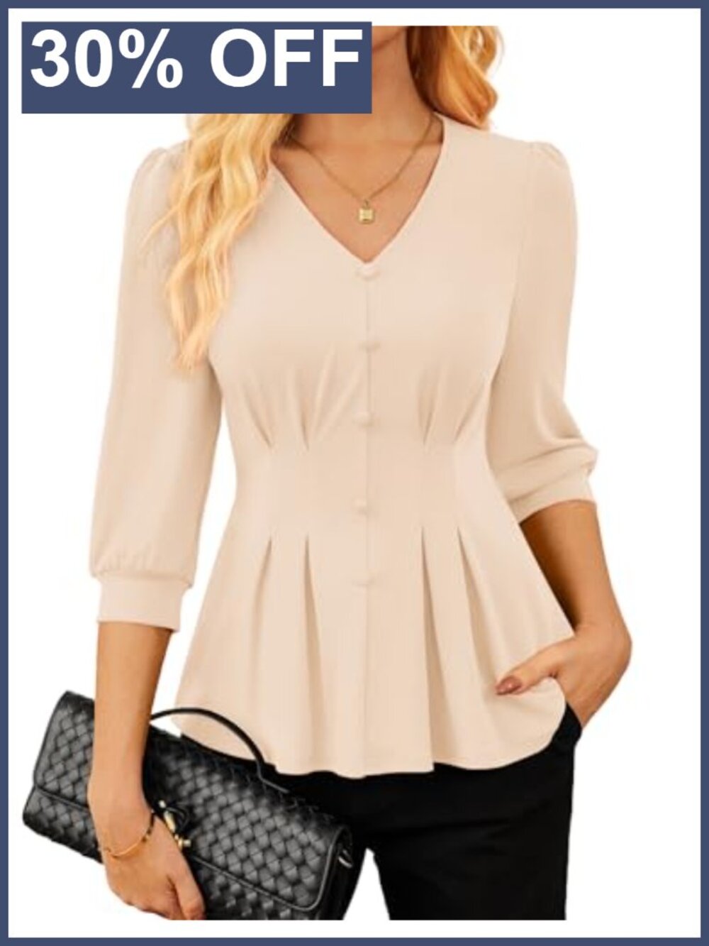 Women's Peplum Blouse 3/4 Sleeve V-Neck Business Casual Top